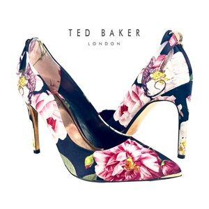 Ted Baker London Women’s 38.5 Floral Satin‎ Court Heels Black Pink